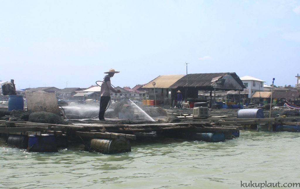 渔场工人用高水压在清洗渔网